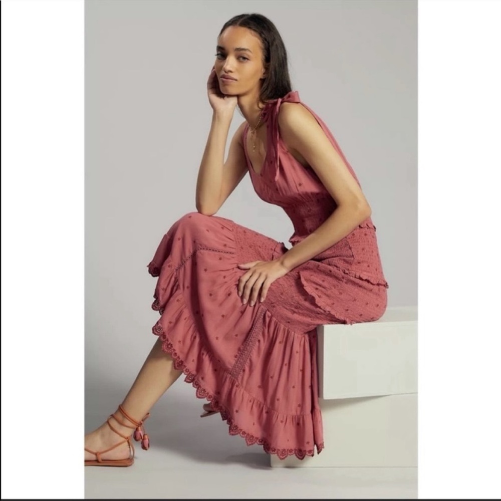 ANTHROPOLOGIE Forever That Girl Embroidered Midi Dress Floral Smocked Tired L